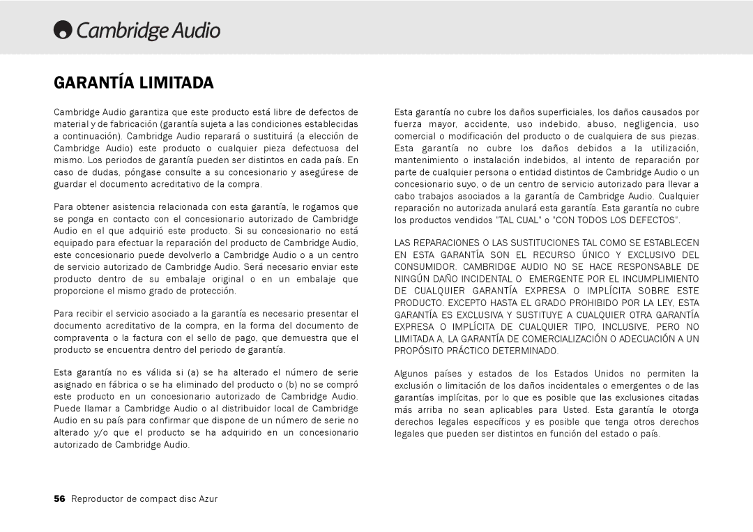 Cambridge Audio 540C, 640C V2.0 user manual Garantía Limitada 