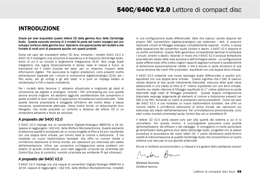 Cambridge Audio user manual 540C/640C V2.0 Lettore di compact disc, Introduzione 