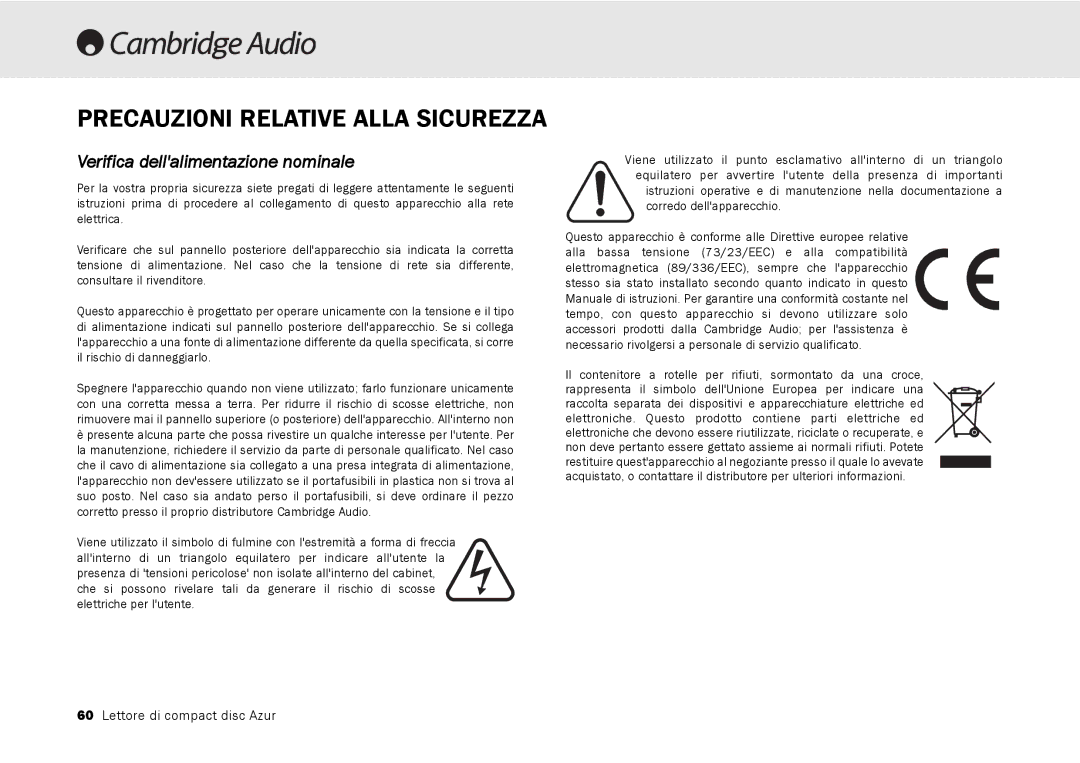 Cambridge Audio 540C, 640C V2.0 user manual Precauzioni Relative Alla Sicurezza, Verifica dellalimentazione nominale 