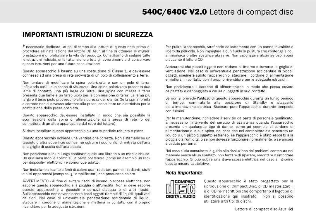 Cambridge Audio 640C V2.0, 540C user manual Importanti Istruzioni DI Sicurezza, Nota importante 