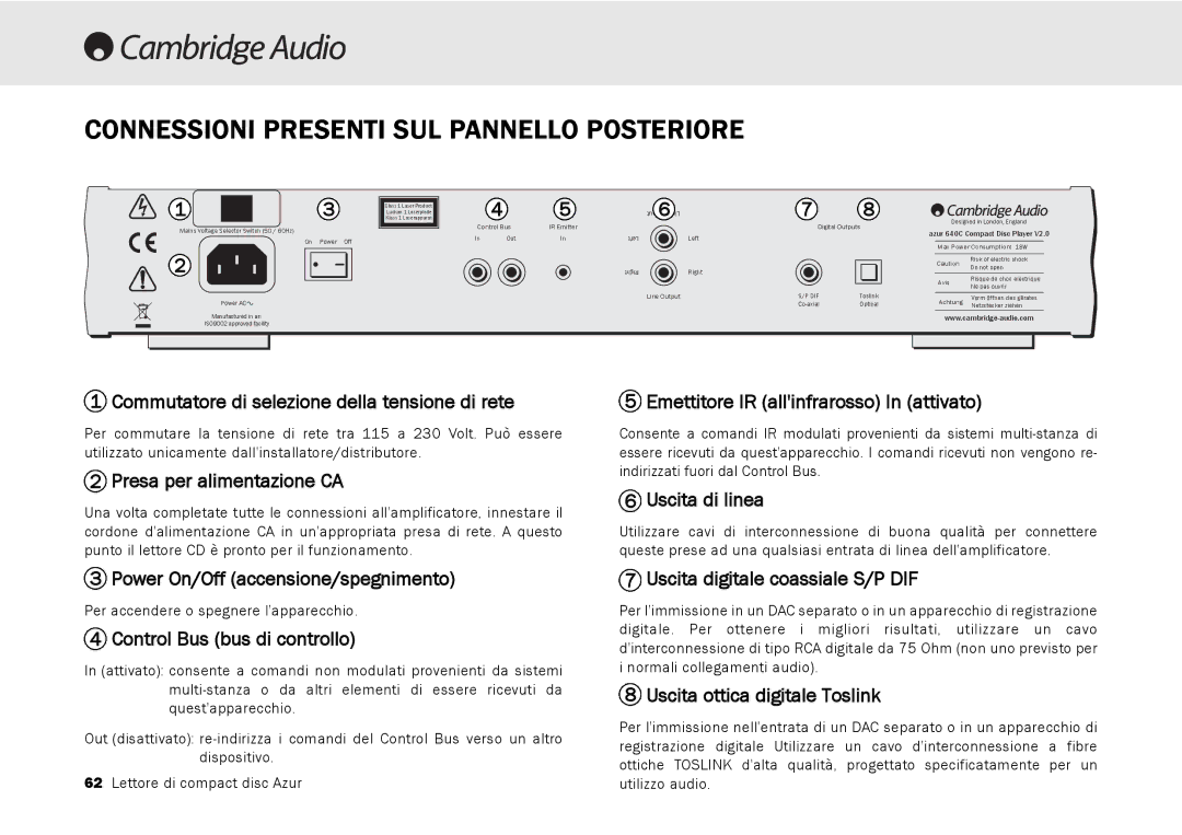 Cambridge Audio 540C, 640C V2.0 user manual Connessioni Presenti SUL Pannello Posteriore 