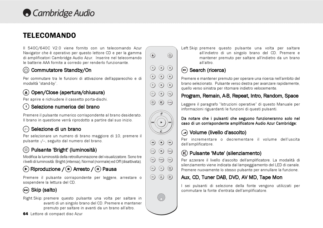 Cambridge Audio 540C, 640C V2.0 user manual Telecomando 