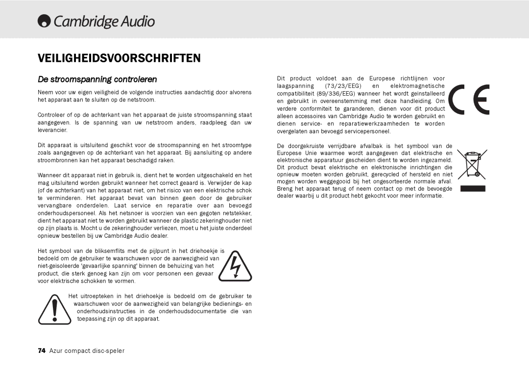 Cambridge Audio 540C, 640C V2.0 user manual Veiligheidsvoorschriften, De stroomspanning controleren 