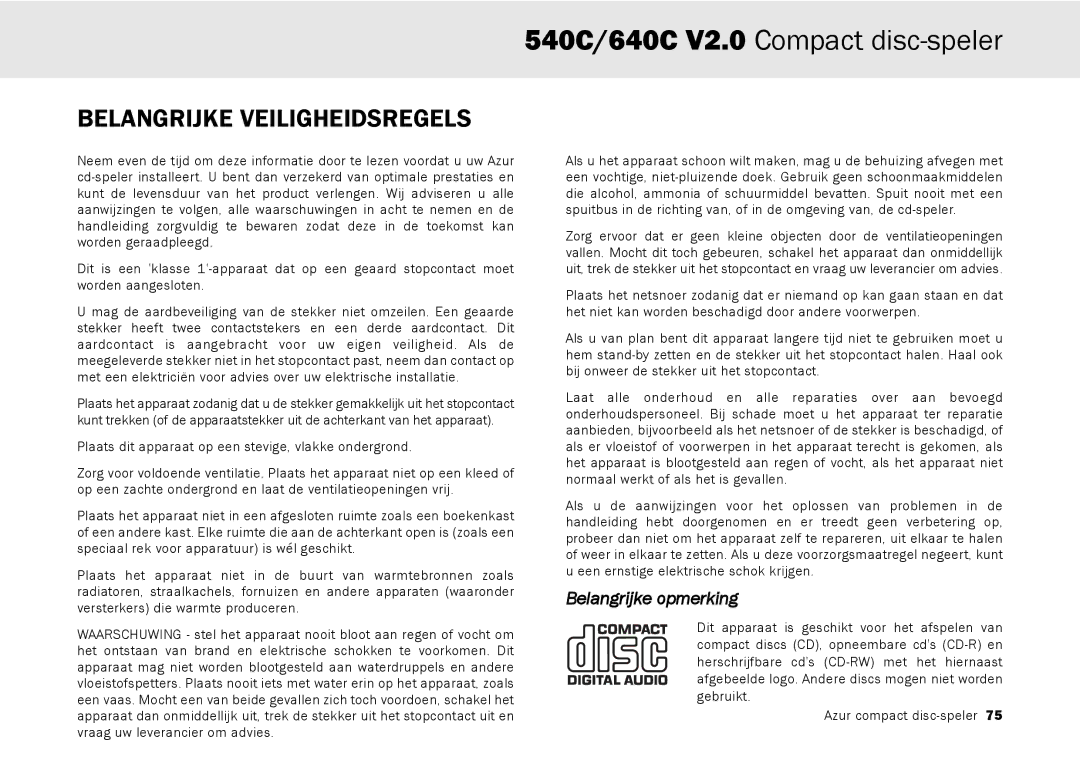 Cambridge Audio 640C V2.0, 540C user manual Belangrijke Veiligheidsregels, Belangrijke opmerking 