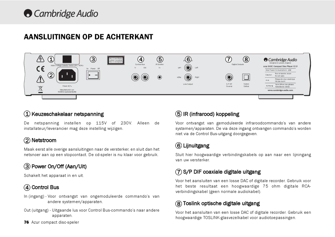 Cambridge Audio 540C, 640C V2.0 user manual Aansluitingen OP DE Achterkant 