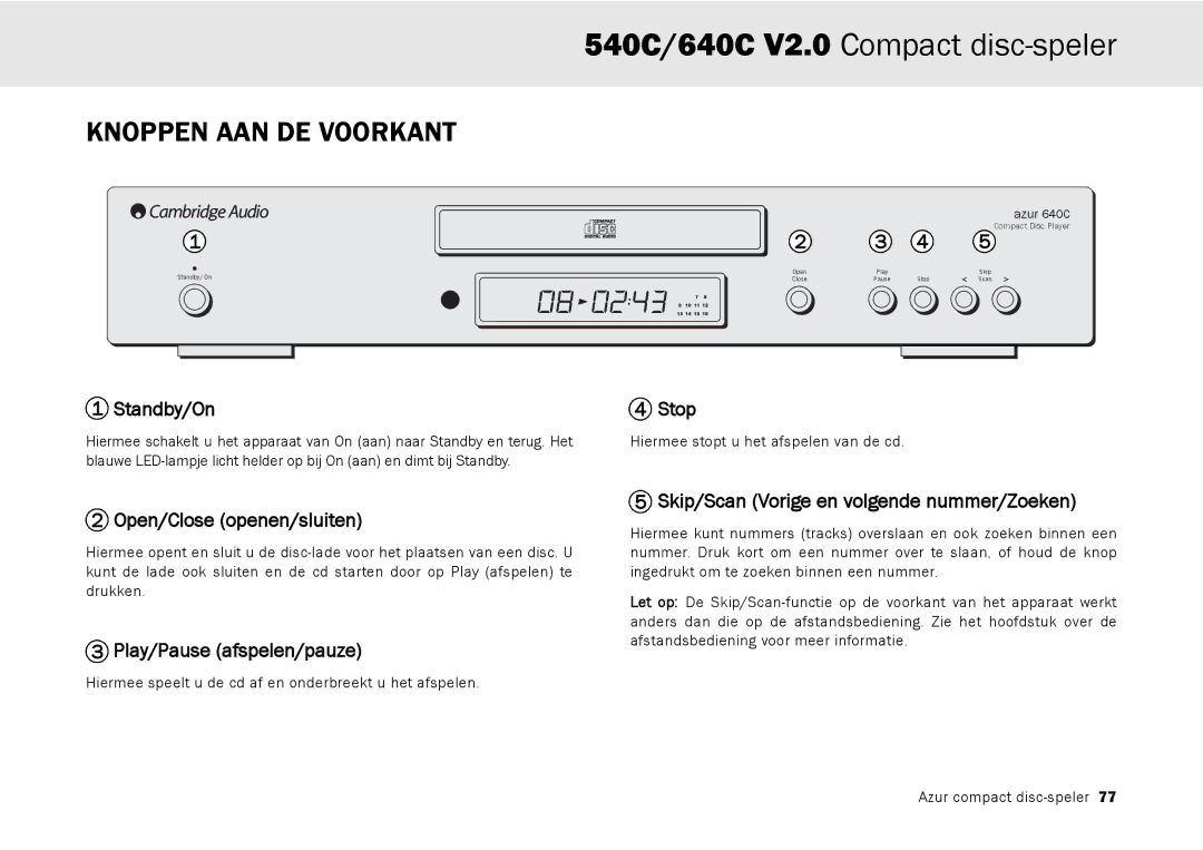 Cambridge Audio 640C V2.0, 540C user manual Knoppen AAN DE Voorkant, Open/Close openen/sluiten, Play/Pause afspelen/pauze 