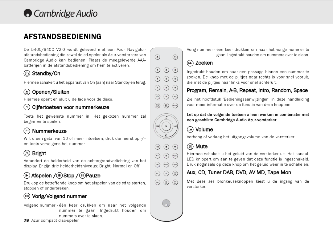 Cambridge Audio 540C, 640C V2.0 user manual Afstandsbediening 