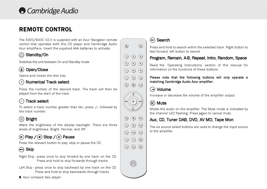 Cambridge Audio 540C, 640C V2.0 user manual Remote Control 