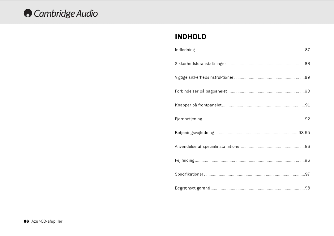 Cambridge Audio 540C, 640C V2.0 user manual Indhold 