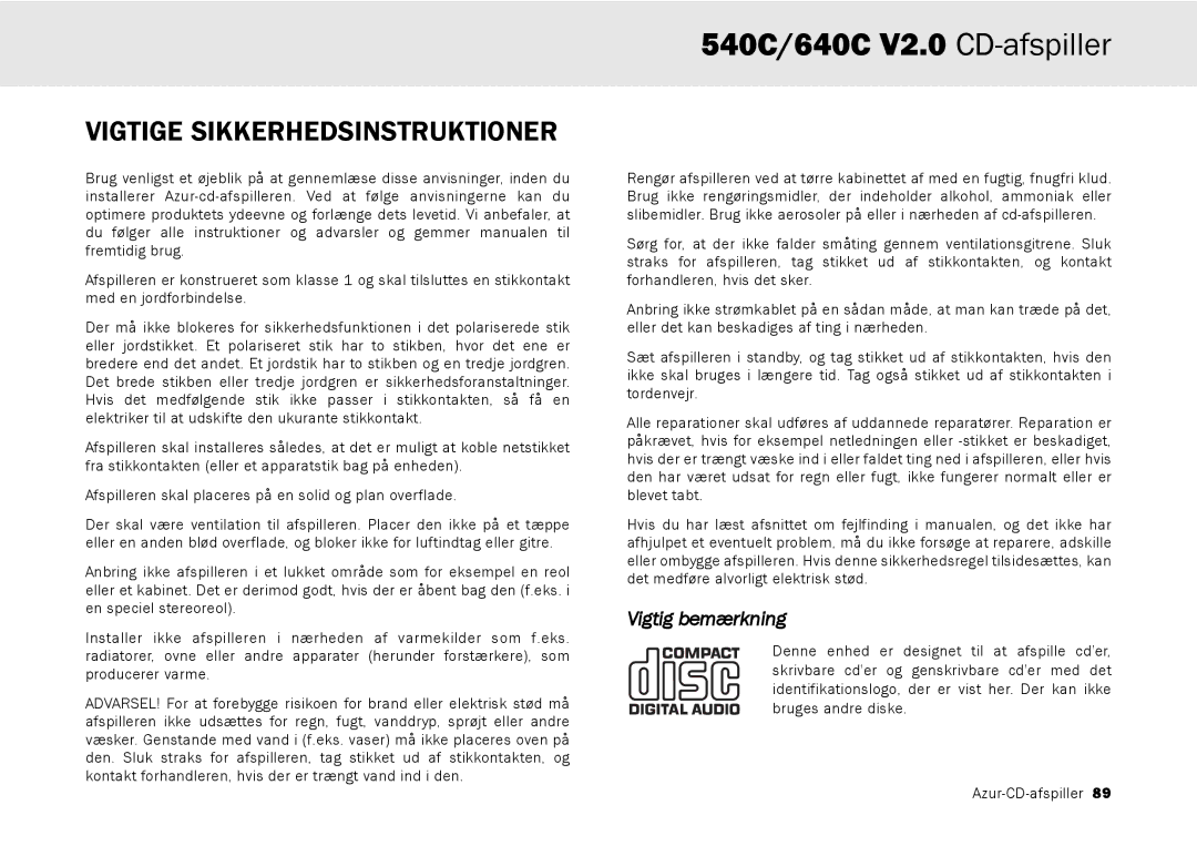 Cambridge Audio 640C V2.0, 540C user manual Vigtige Sikkerhedsinstruktioner, Vigtig bemærkning 