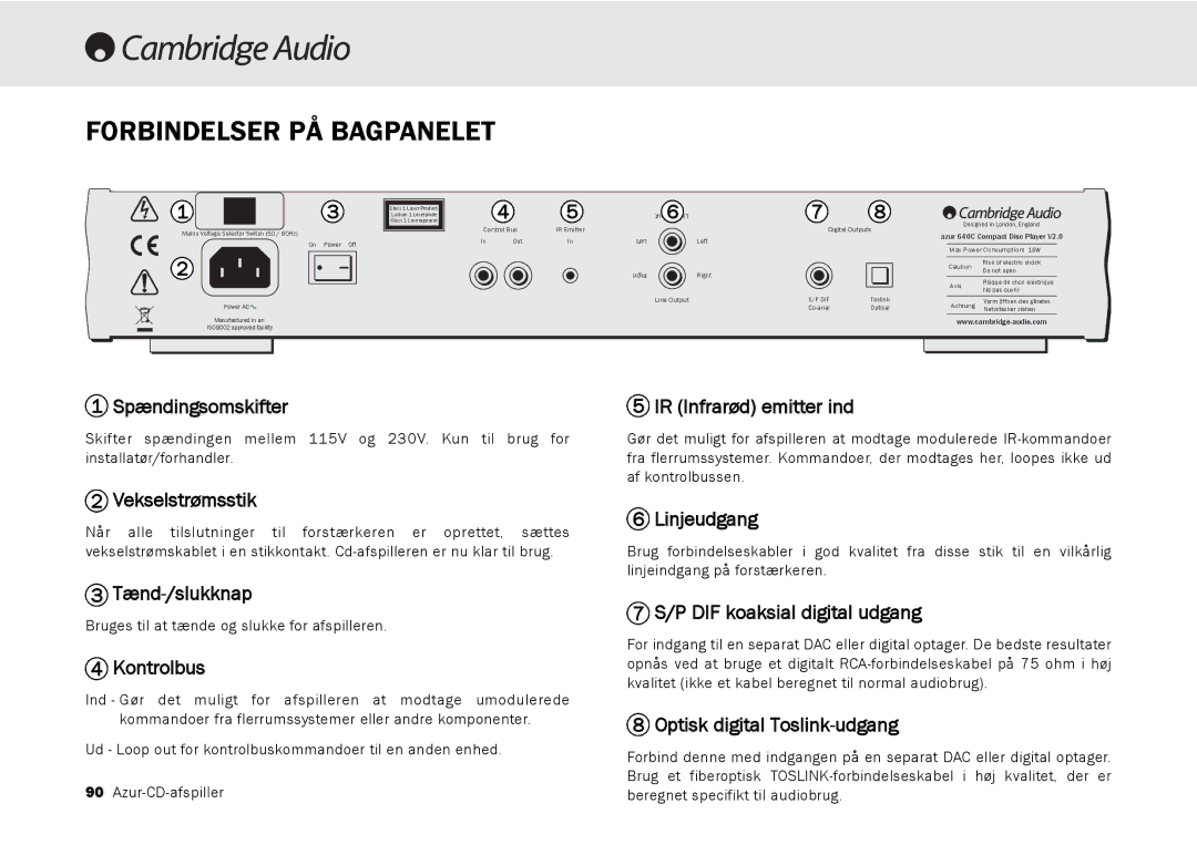 Cambridge Audio 540C, 640C V2.0 user manual Forbindelser PÅ Bagpanelet 