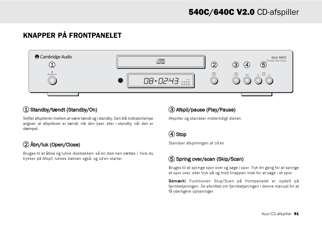 Cambridge Audio 640C V2.0 Knapper PÅ Frontpanelet, Standby/tændt Standby/On, Åbn/luk Open/Close, Afspil/pause Play/Pause 