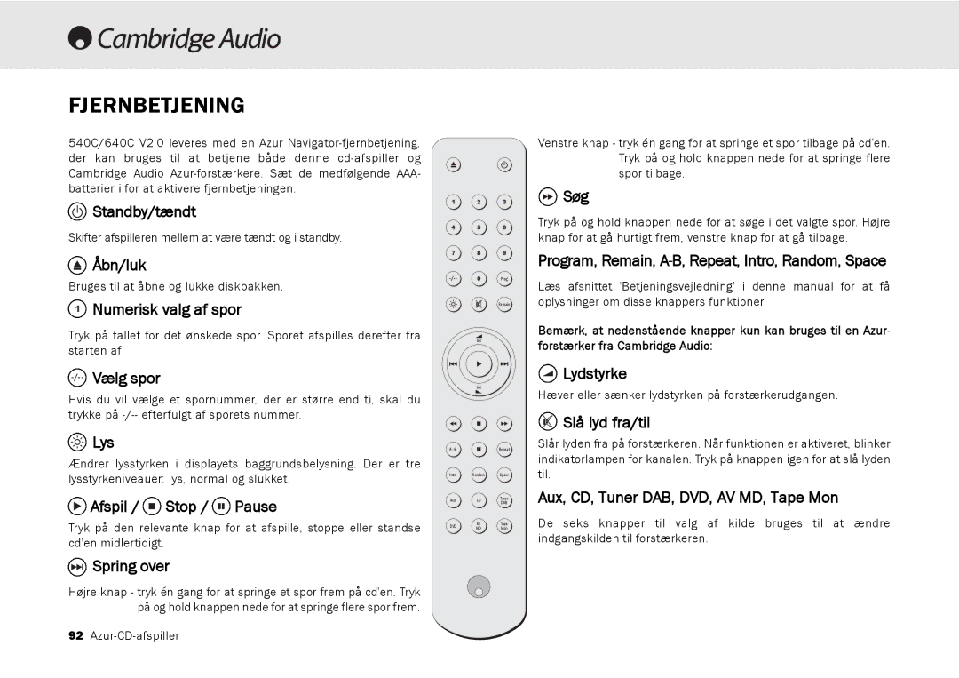 Cambridge Audio 540C, 640C V2.0 user manual Fjernbetjening 