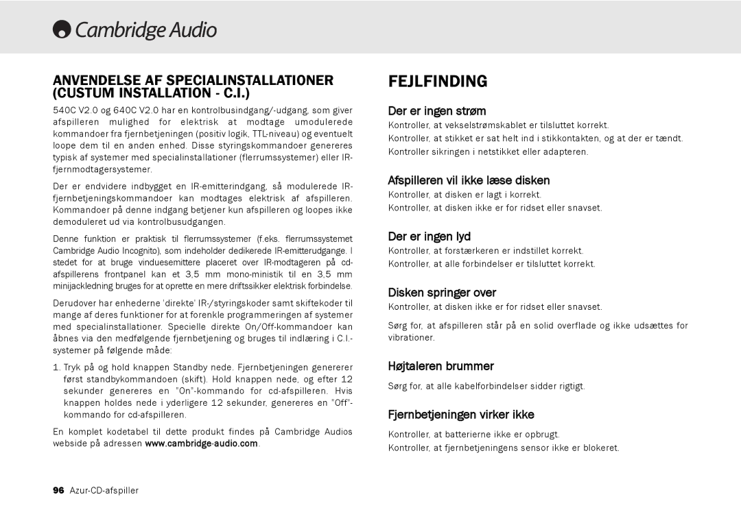 Cambridge Audio 540C, 640C V2.0 user manual Fejlfinding 