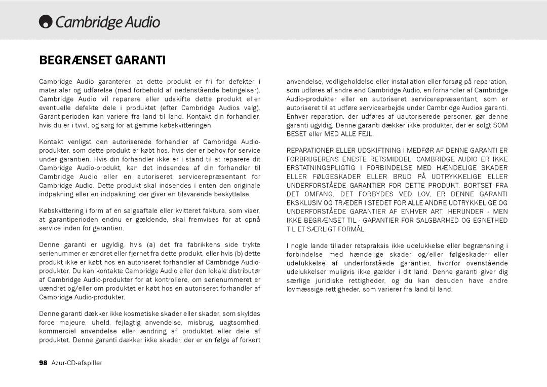 Cambridge Audio 540C, 640C V2.0 user manual Begrænset Garanti 