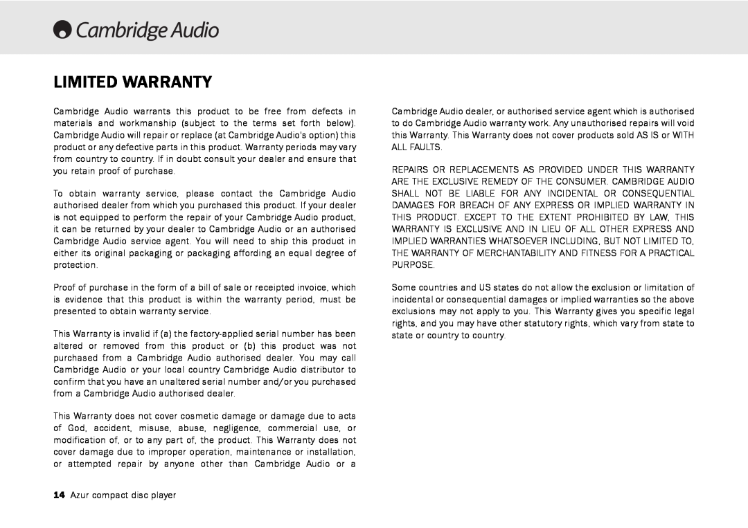 Cambridge Audio 540C, 640C V2.0 user manual Limited Warranty 
