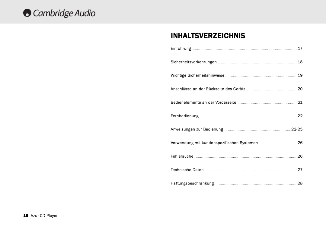 Cambridge Audio 540C, 640C V2.0 user manual Inhaltsverzeichnis, 23-25, Azur CD-Player 