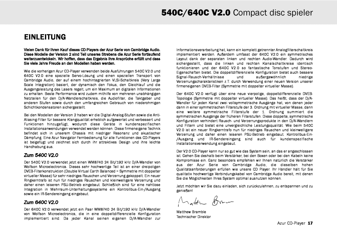 Cambridge Audio user manual 540C/640C V2.0 Compact disc spieler, Einleitung, Zum 540C, Zum 640C 