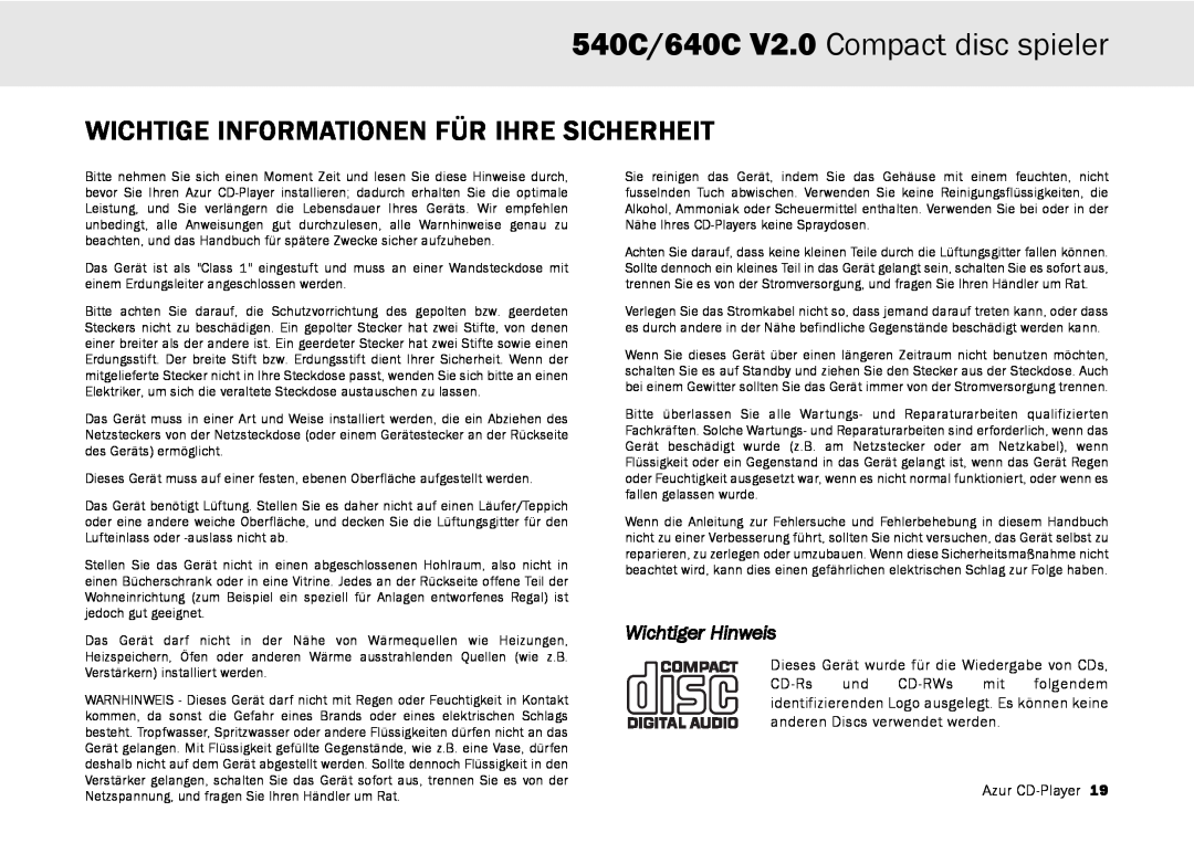 Cambridge Audio Wichtige Informationen Für Ihre Sicherheit, 540C/640C V2.0 Compact disc spieler, Wichtiger Hinweis 