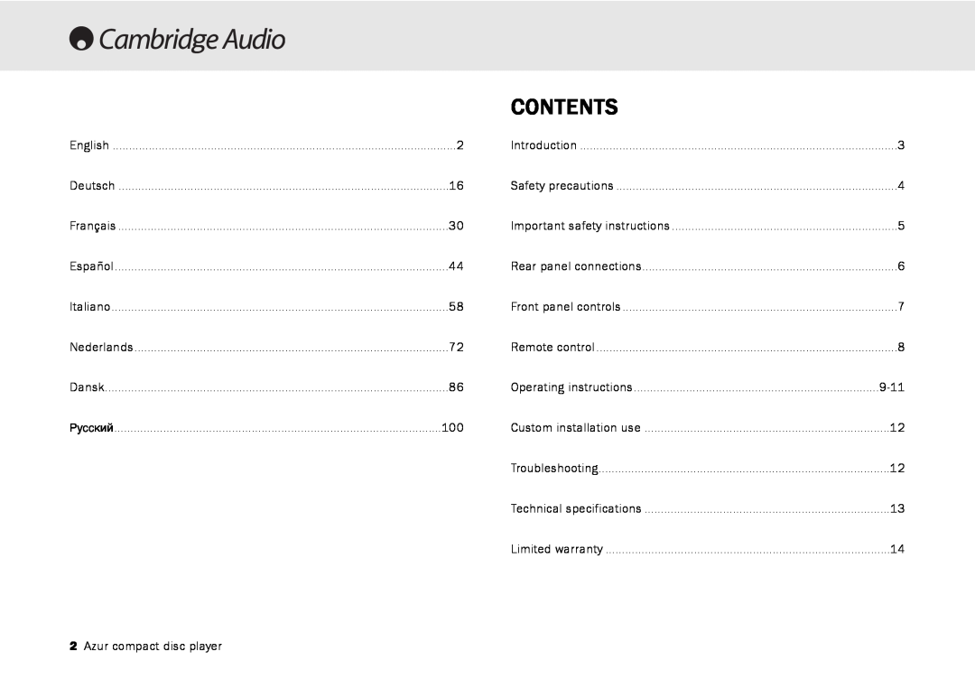 Cambridge Audio 540C, 640C V2.0 user manual Contents, Azur compact disc player, 9-11 