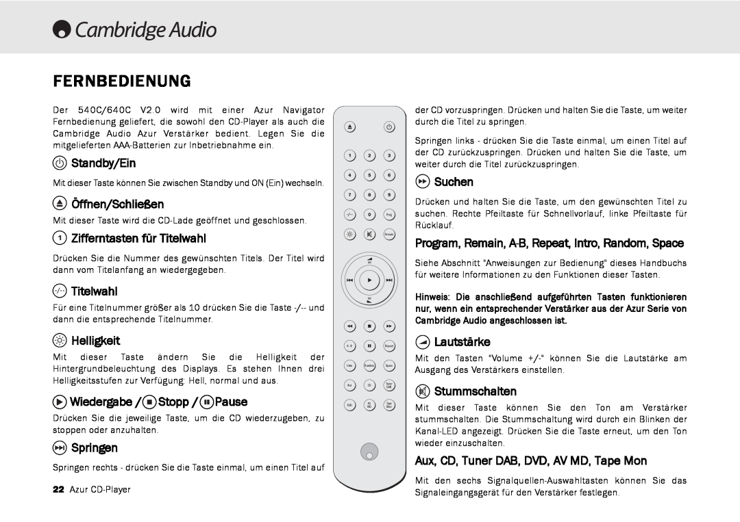 Cambridge Audio 540C Fernbedienung, Standby/Ein, Öffnen/Schließen, Zifferntasten für Titelwahl, Helligkeit, Springen 