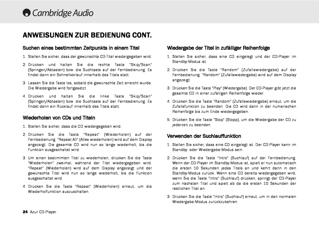 Cambridge Audio 540C, 640C V2.0 Anweisungen Zur Bedienung Cont, Suchen eines bestimmten Zeitpunkts in einem Titel 