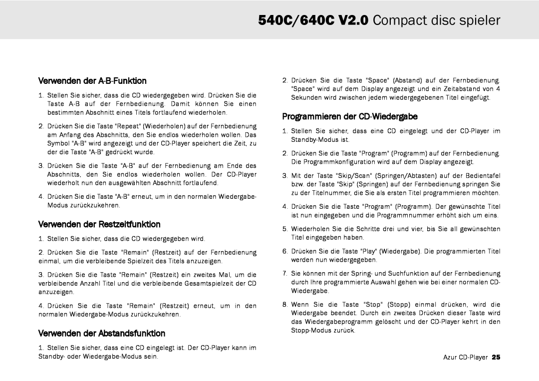 Cambridge Audio 540C/640C V2.0 Compact disc spieler, Verwenden der A-B-Funktion, Verwenden der Restzeitfunktion 