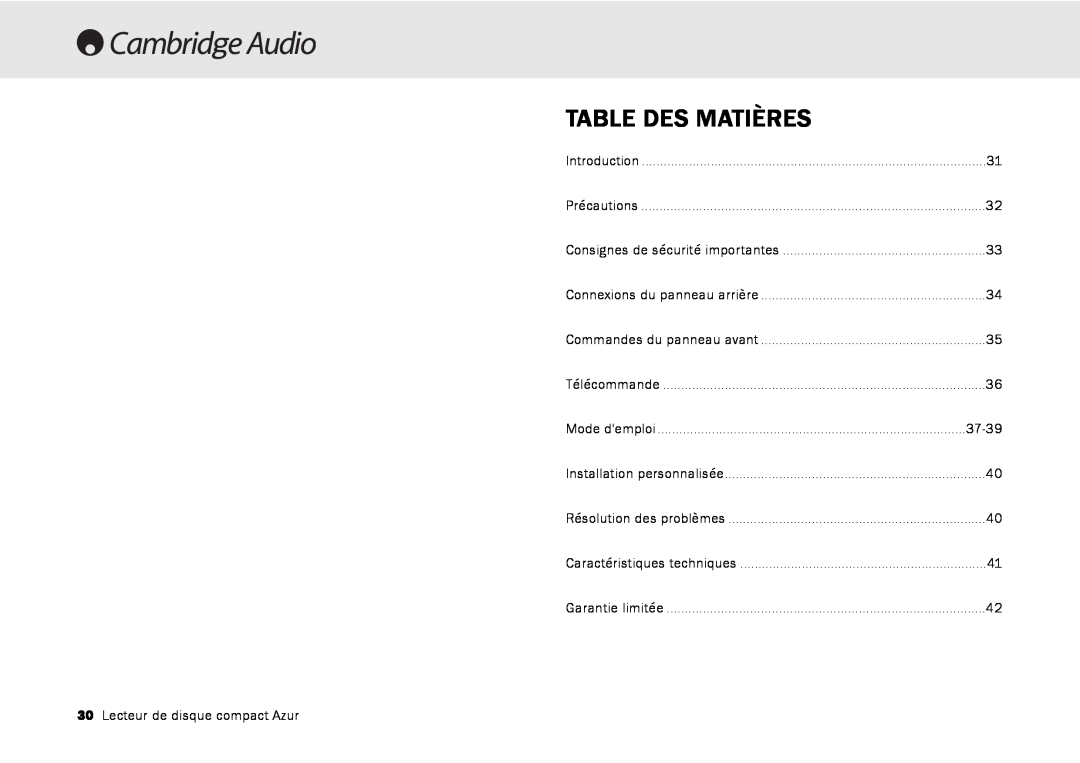 Cambridge Audio 540C, 640C V2.0 user manual Table Des Matières, Lecteur de disque compact Azur, 37-39 
