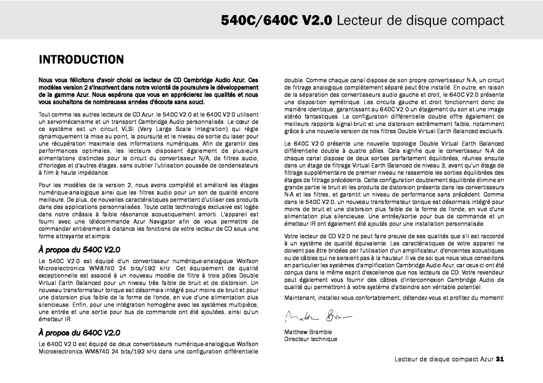 Cambridge Audio user manual 540C/640C V2.0 Lecteur de disque compact, Introduction, À propos du 540C, À propos du 640C 