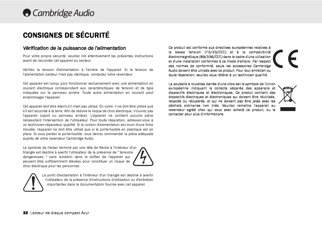Cambridge Audio 540C, 640C V2.0 user manual Consignes De Sécurité, Vérification de la puissance de lalimentation 