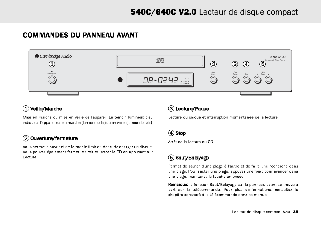 Cambridge Audio user manual Commandes Du Panneau Avant, 540C/640C V2.0 Lecteur de disque compact, Veille/Marche, Stop 
