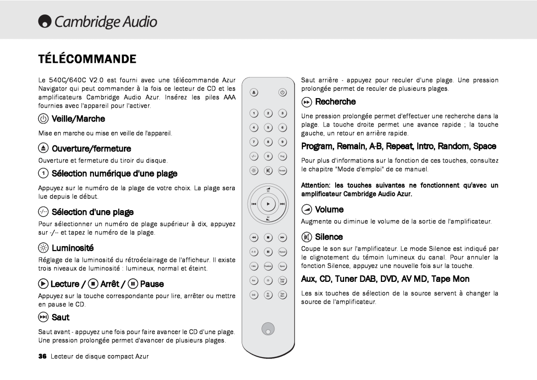 Cambridge Audio 540C Télécommande, Veille/Marche, Ouverture/fermeture, Sélection numérique dune plage, Luminosité, Saut 