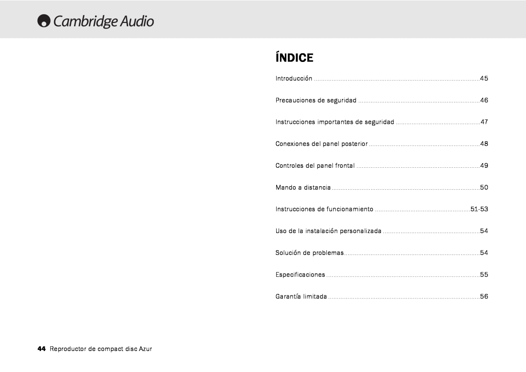 Cambridge Audio 540C, 640C V2.0 user manual Índice, Reproductor de compact disc Azur, 51-53 