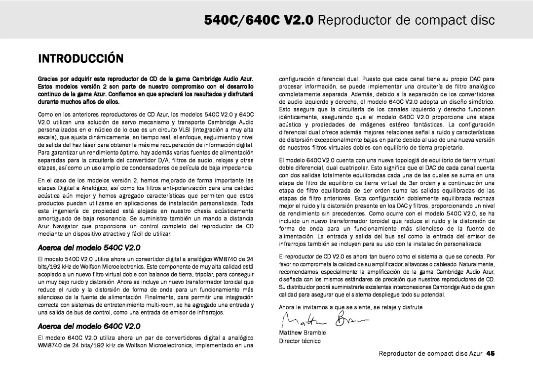 Cambridge Audio user manual 540C/640C V2.0 Reproductor de compact disc, Introducción, Acerca del modelo 540C 