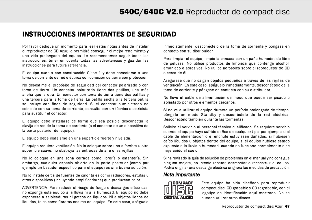 Cambridge Audio Instrucciones Importantes De Seguridad, 540C/640C V2.0 Reproductor de compact disc, Nota importante 