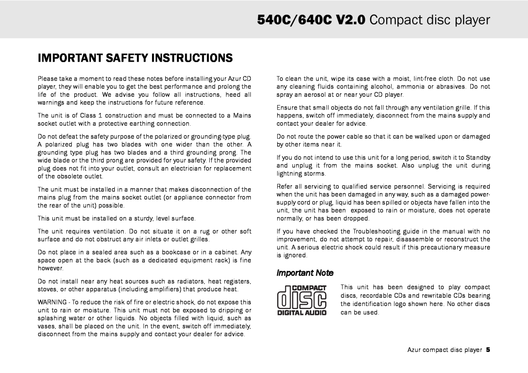 Cambridge Audio user manual Important Safety Instructions, 540C/640C V2.0 Compact disc player, Important Note 