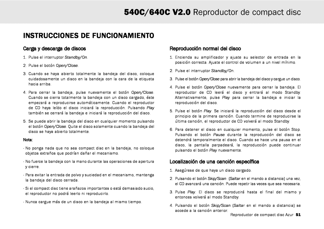 Cambridge Audio Instrucciones De Funcionamiento, 540C/640C V2.0 Reproductor de compact disc, Carga y descarga de discos 