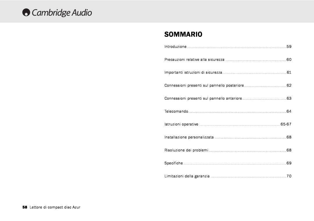 Cambridge Audio 540C, 640C V2.0 user manual Sommario, 65-67, Lettore di compact disc Azur 