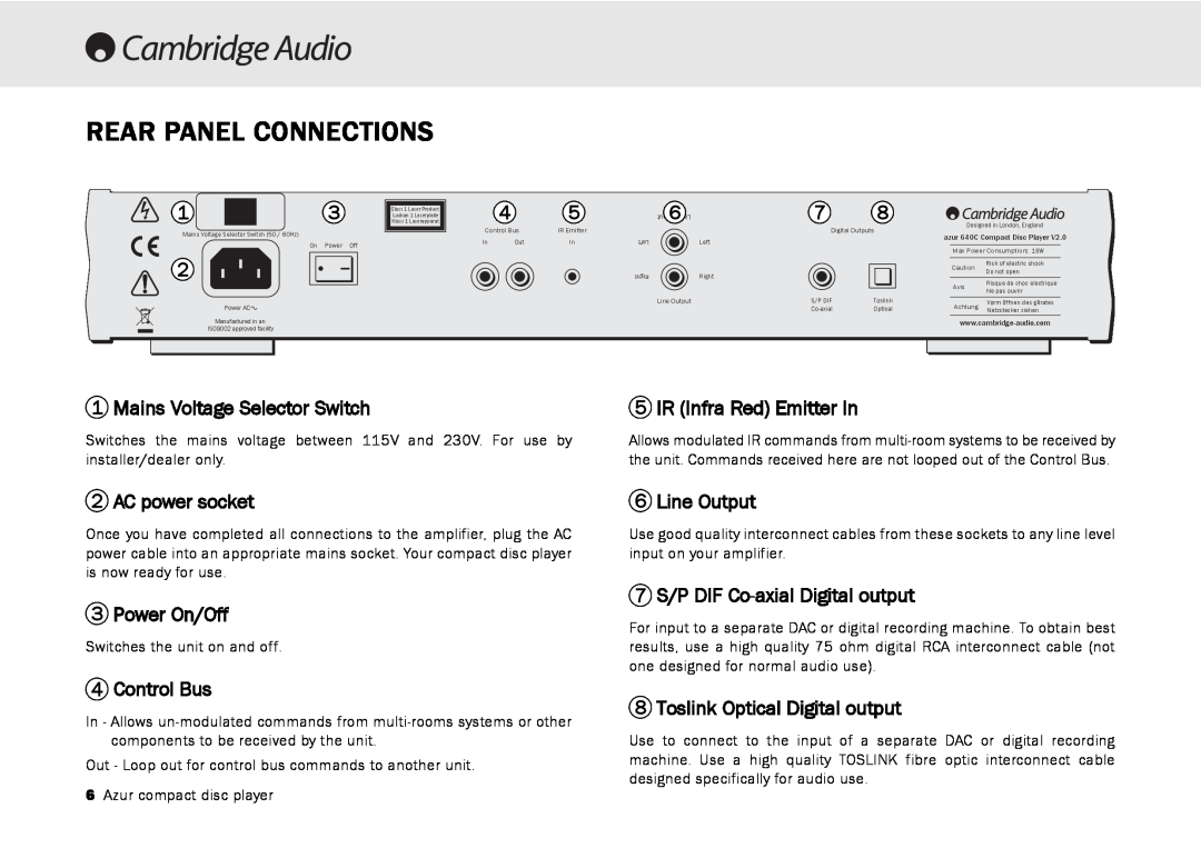 Cambridge Audio 540C Rear Panel Connections, Mains Voltage Selector Switch, AC power socket, Power On/Off, Control Bus 