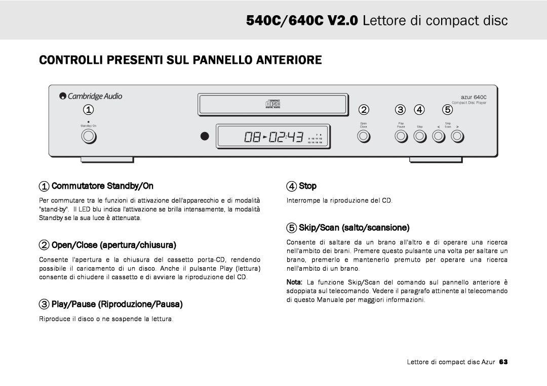 Cambridge Audio user manual Controlli Presenti Sul Pannello Anteriore, 540C/640C V2.0 Lettore di compact disc, Stop 