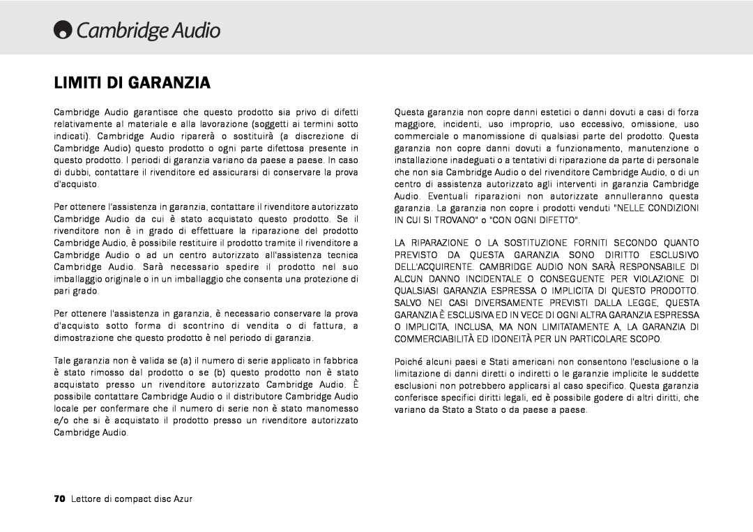 Cambridge Audio 540C, 640C V2.0 user manual Limiti Di Garanzia 