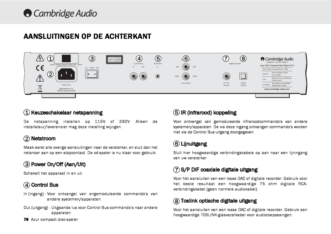 Cambridge Audio 540C Aansluitingen Op De Achterkant, Keuzeschakelaar netspanning, Netstroom, Power On/Off Aan/Uit 
