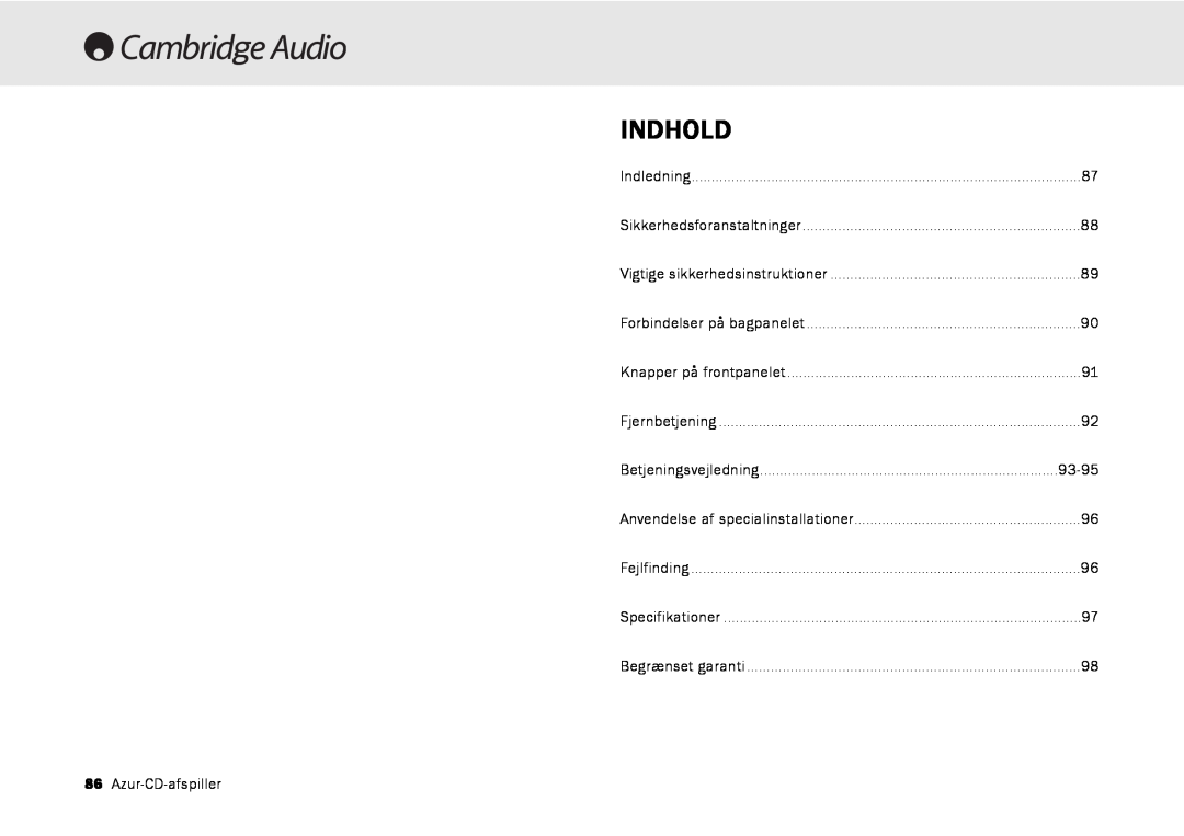 Cambridge Audio 540C, 640C V2.0 user manual Indhold, 93-95, Azur-CD-afspiller 