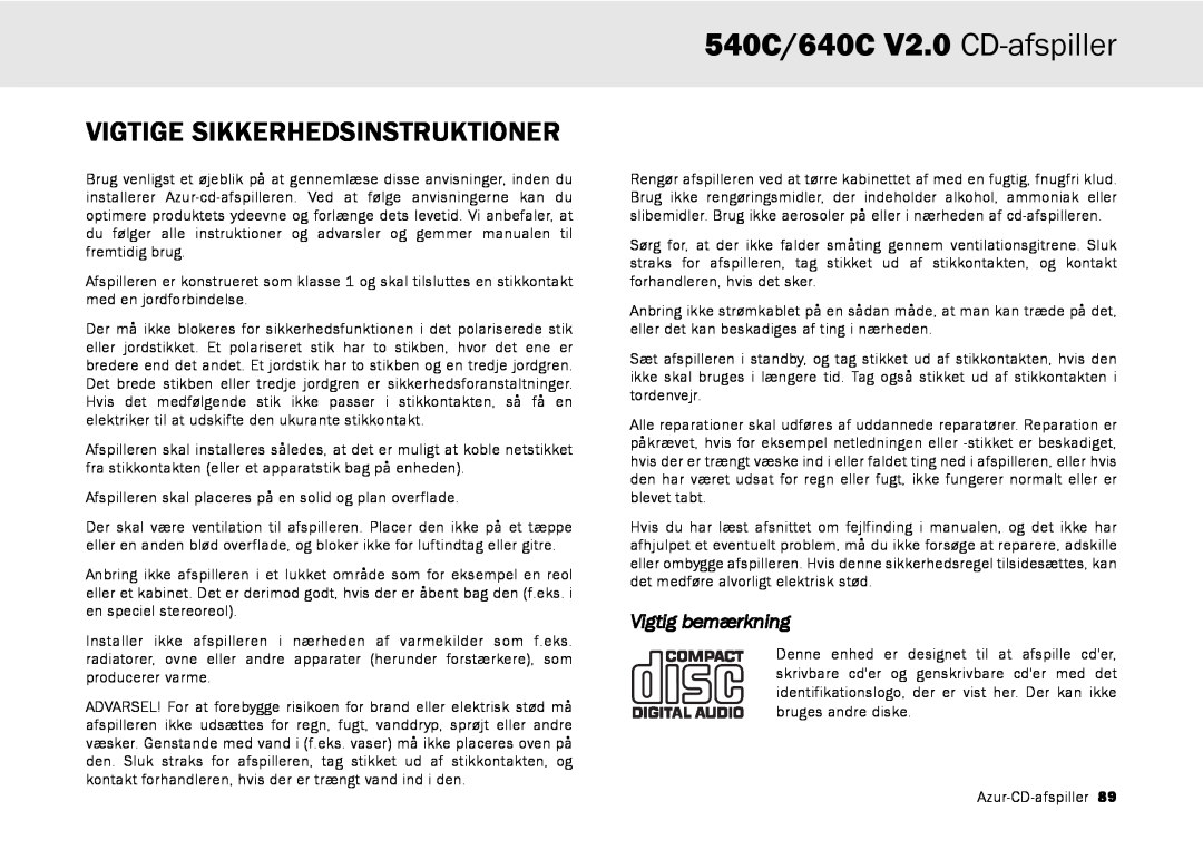 Cambridge Audio user manual Vigtige Sikkerhedsinstruktioner, 540C/640C V2.0 CD-afspiller, Vigtig bemærkning 