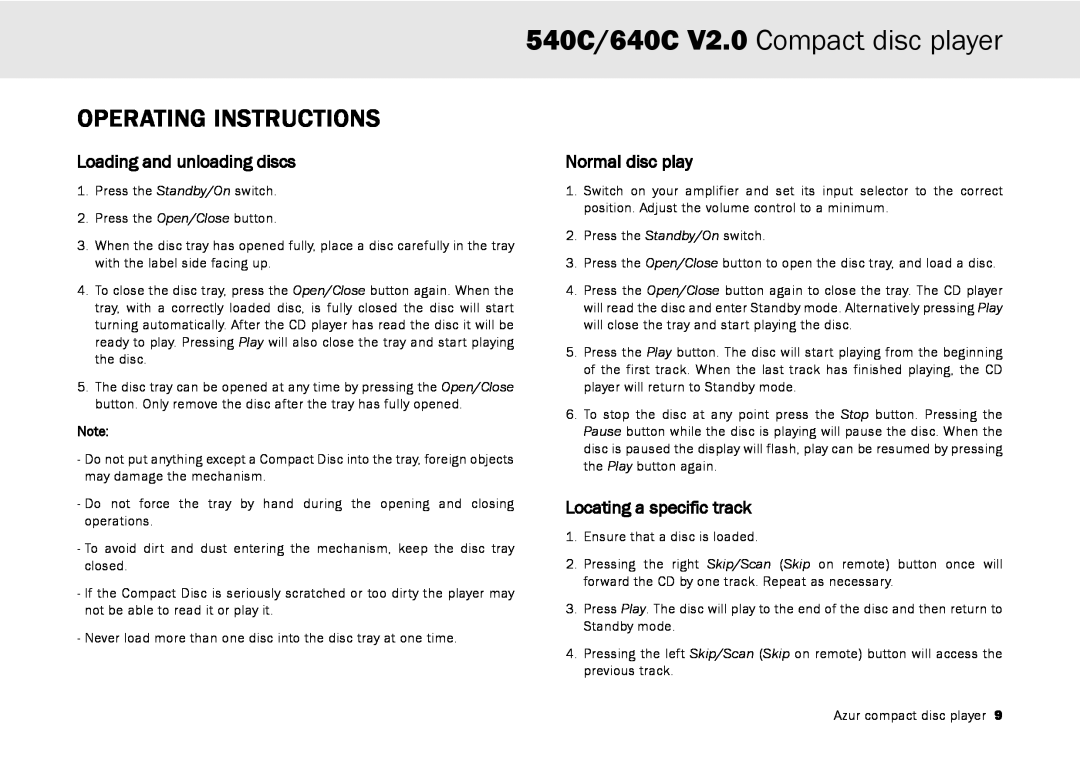 Cambridge Audio user manual Operating Instructions, 540C/640C V2.0 Compact disc player, Loading and unloading discs 