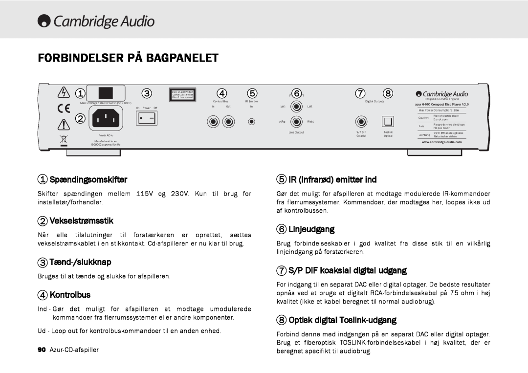 Cambridge Audio 540C Forbindelser På Bagpanelet, 1 Spændingsomskifter, Vekselstrømsstik, 3 Tænd-/slukknap, Kontrolbus 