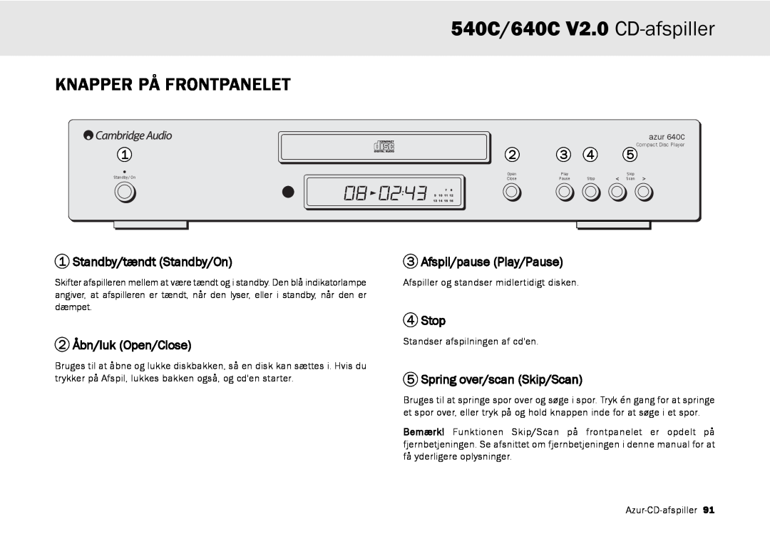 Cambridge Audio Knapper På Frontpanelet, 540C/640C V2.0 CD-afspiller, Standby/tændt Standby/On, 2 Åbn/luk Open/Close 