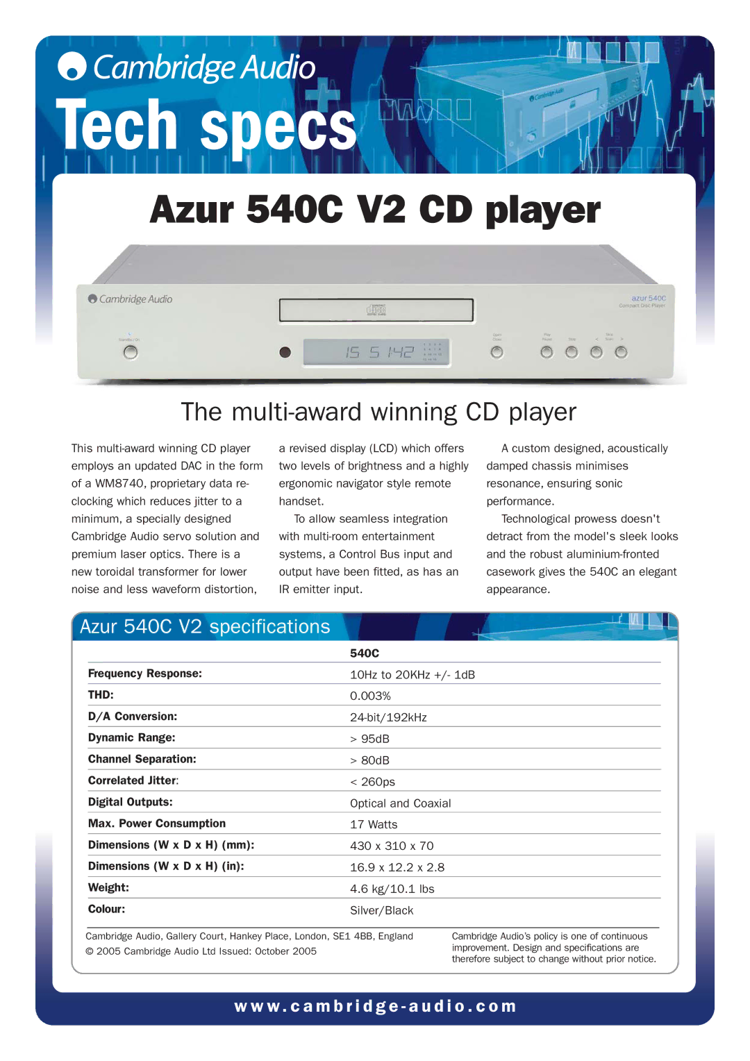 Cambridge Audio specifications Tech specs, Azur 540C V2 CD player, Multi-award winning CD player, Thd 