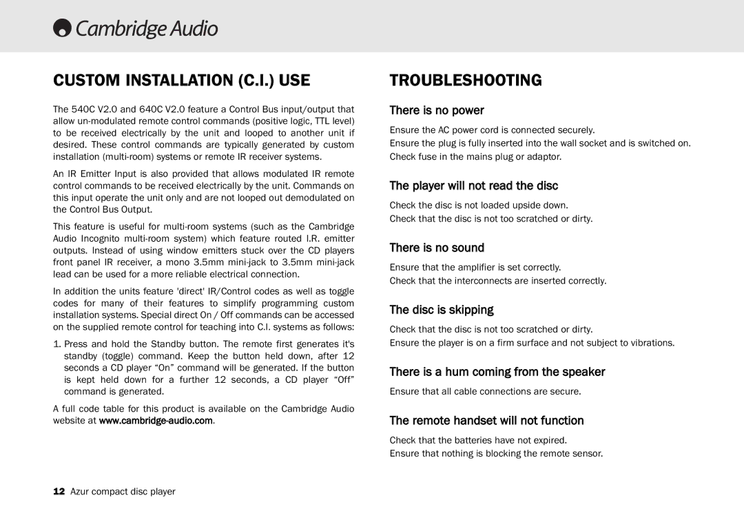 Cambridge Audio 540C user manual Custom Installation C.I. USE, Troubleshooting 