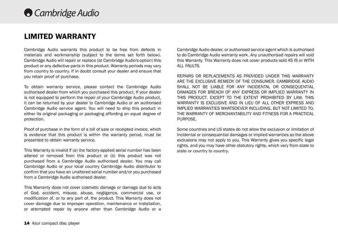 Cambridge Audio 540C user manual Limited Warranty 